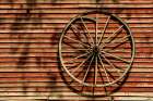 USA, Vermont, Stowe. Old barn with wagon wheel, Brownsville Road Art Print